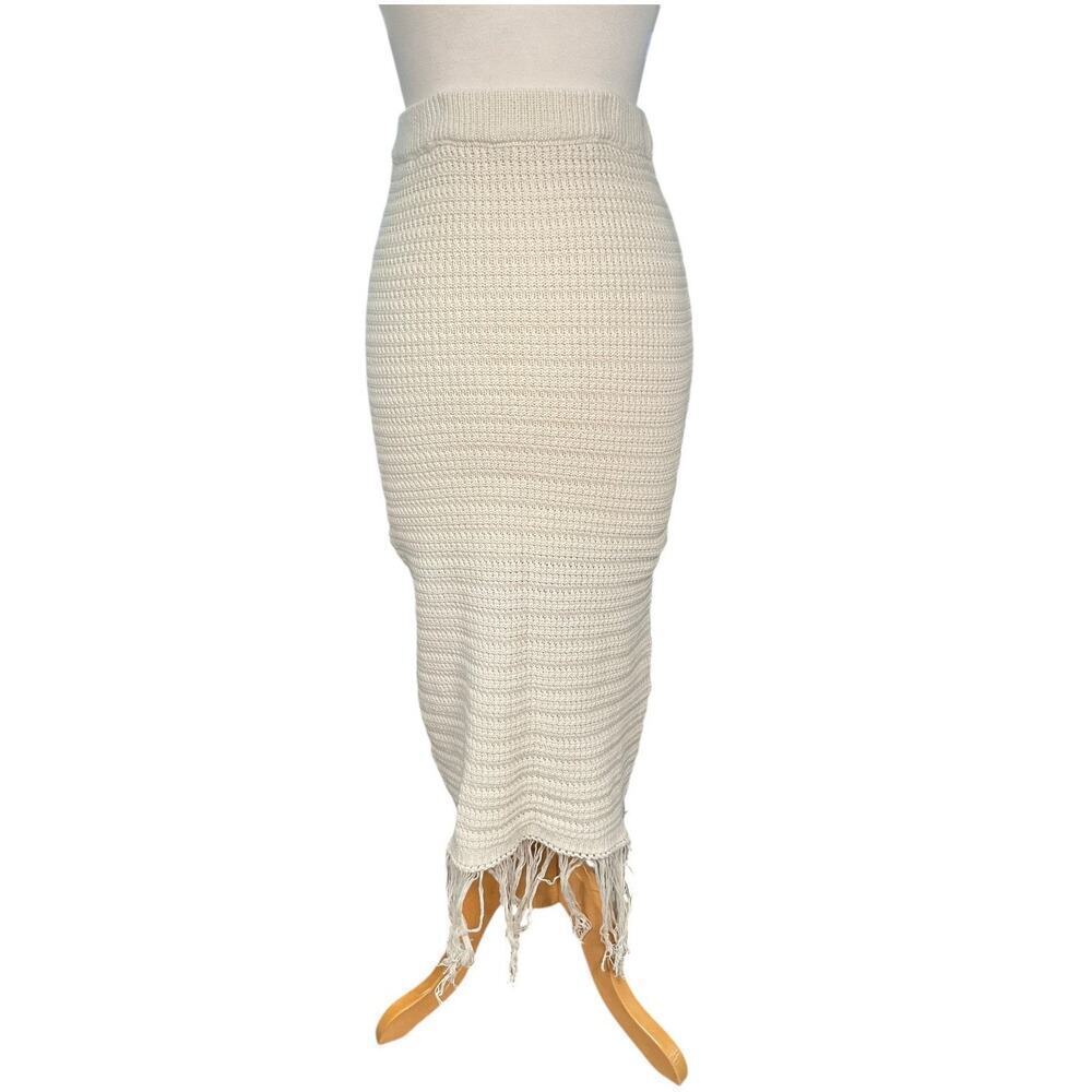 Freshman1996 Cream Crochet Midi Skirt Tassel Hem Boho Beach Size Small Vacation